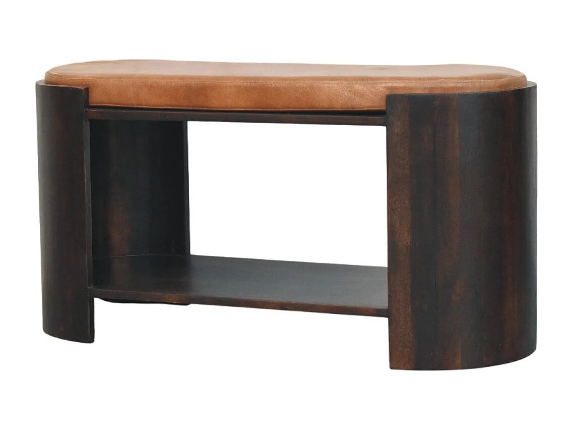 Artisan Furniture Banc à chaussures Valencia en cuir, bois massif, brun chocolat, assise lisse en cuir véritable rembourré à la main, 1 étagère