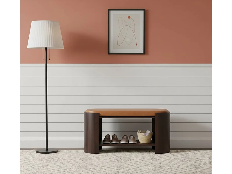 Artisan Furniture Banc à chaussures Valencia en cuir, bois massif, brun chocolat, assise lisse en cuir véritable rembourré à la main, 1 étagère