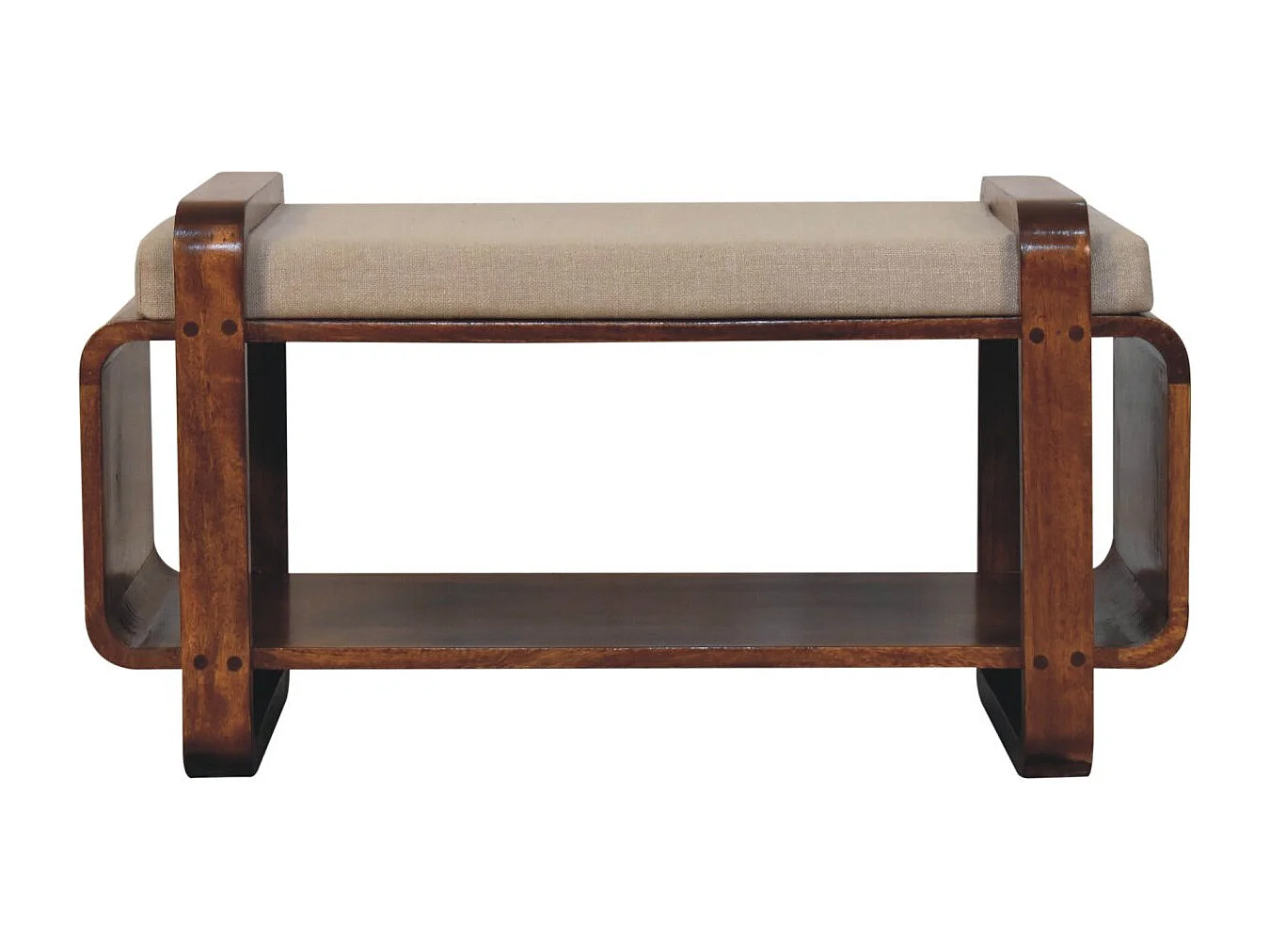 Artisan Furniture Banc Loop Chestnut, bois massif, 1 étagère, assise rembourrée en lin, brun chocolat