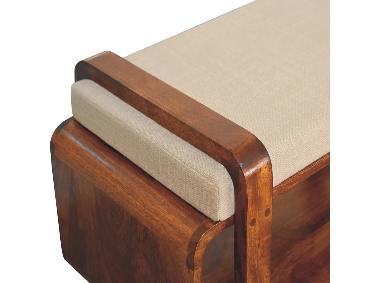 Artisan Furniture Banc Loop Chestnut, bois massif, 1 étagère, assise rembourrée en lin, brun chocolat