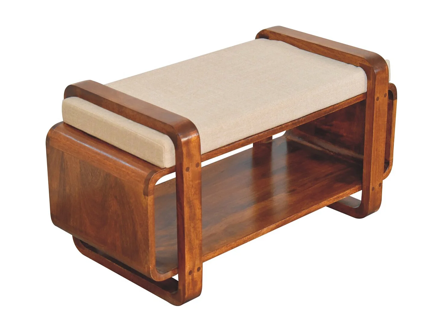 Artisan Furniture Banc Loop Chestnut, bois massif, 1 étagère, assise rembourrée en lin, brun chocolat