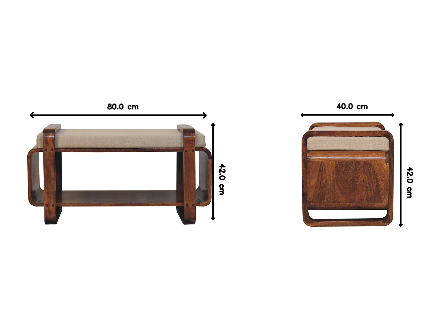 Artisan Furniture Banc Loop Chestnut, bois massif, 1 étagère, assise rembourrée en lin, brun chocolat