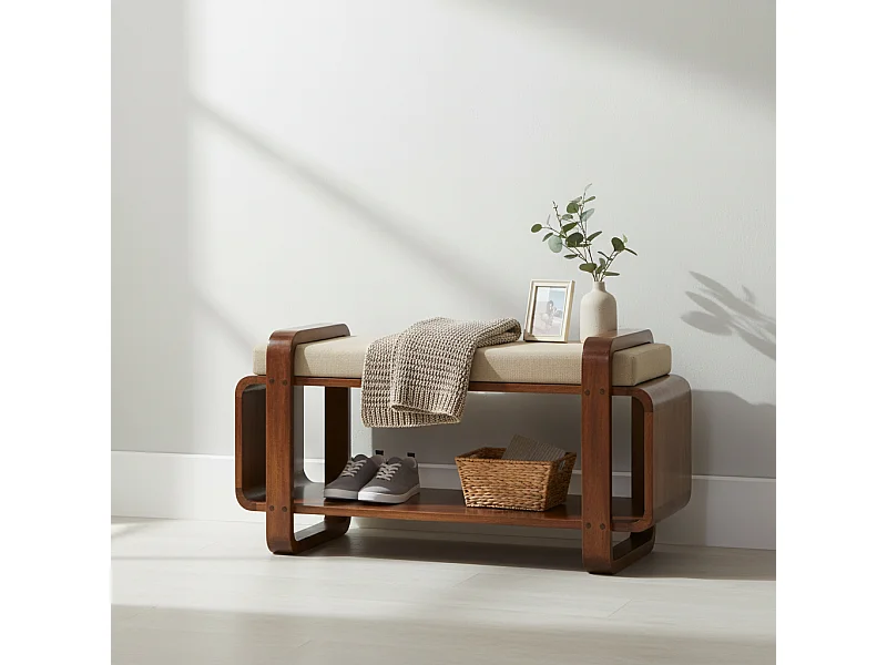 Artisan Furniture Banc Loop Chestnut, bois massif, 1 étagère, assise rembourrée en lin, brun chocolat