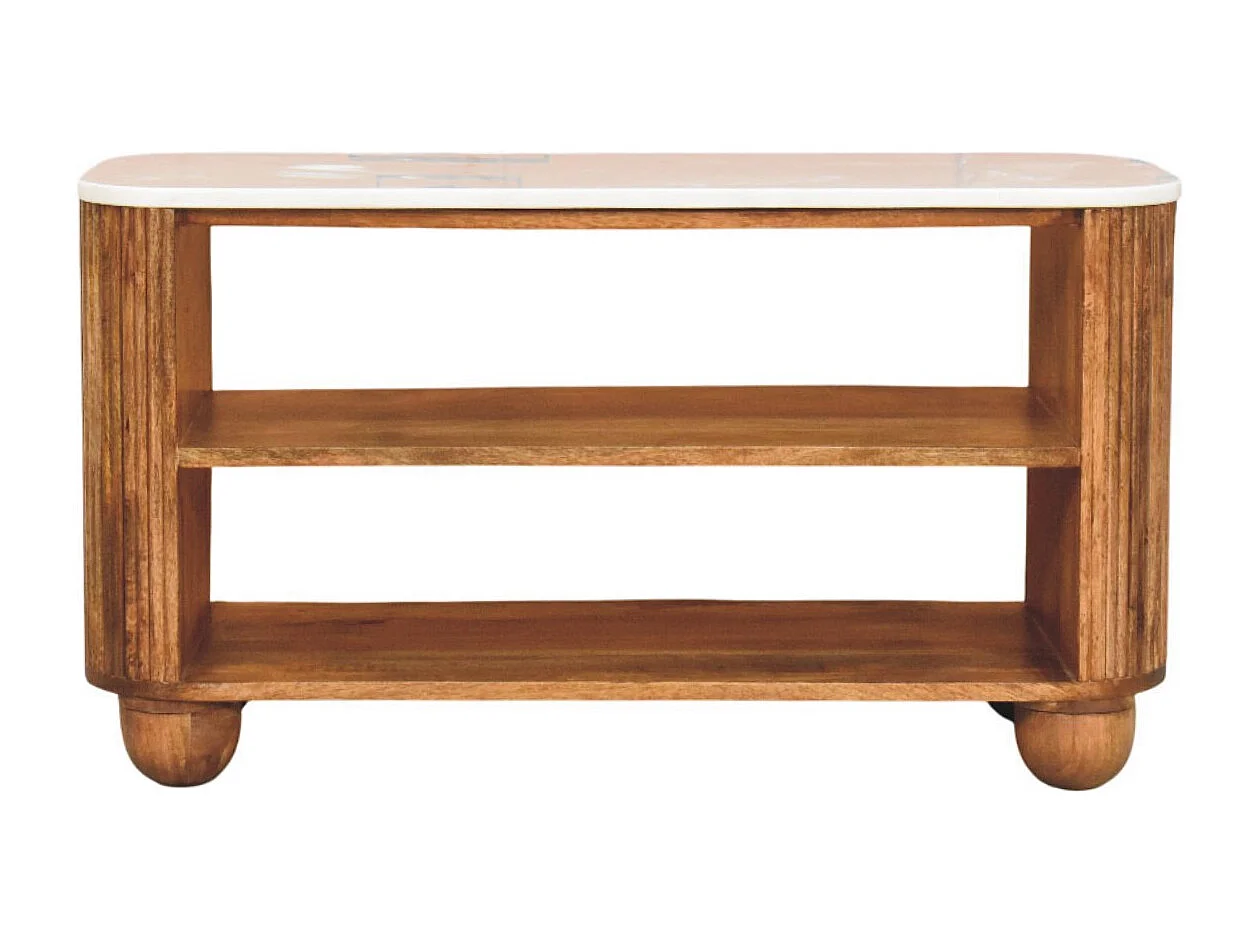 Artisan Furniture Banc à chaussures Beunumont en bois massif de manguier, plateau en marbre, deux étagères ouvertes, marron.