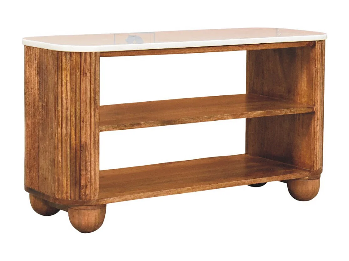 Artisan Furniture Banc à chaussures Beunumont en bois massif de manguier, plateau en marbre, deux étagères ouvertes, marron.