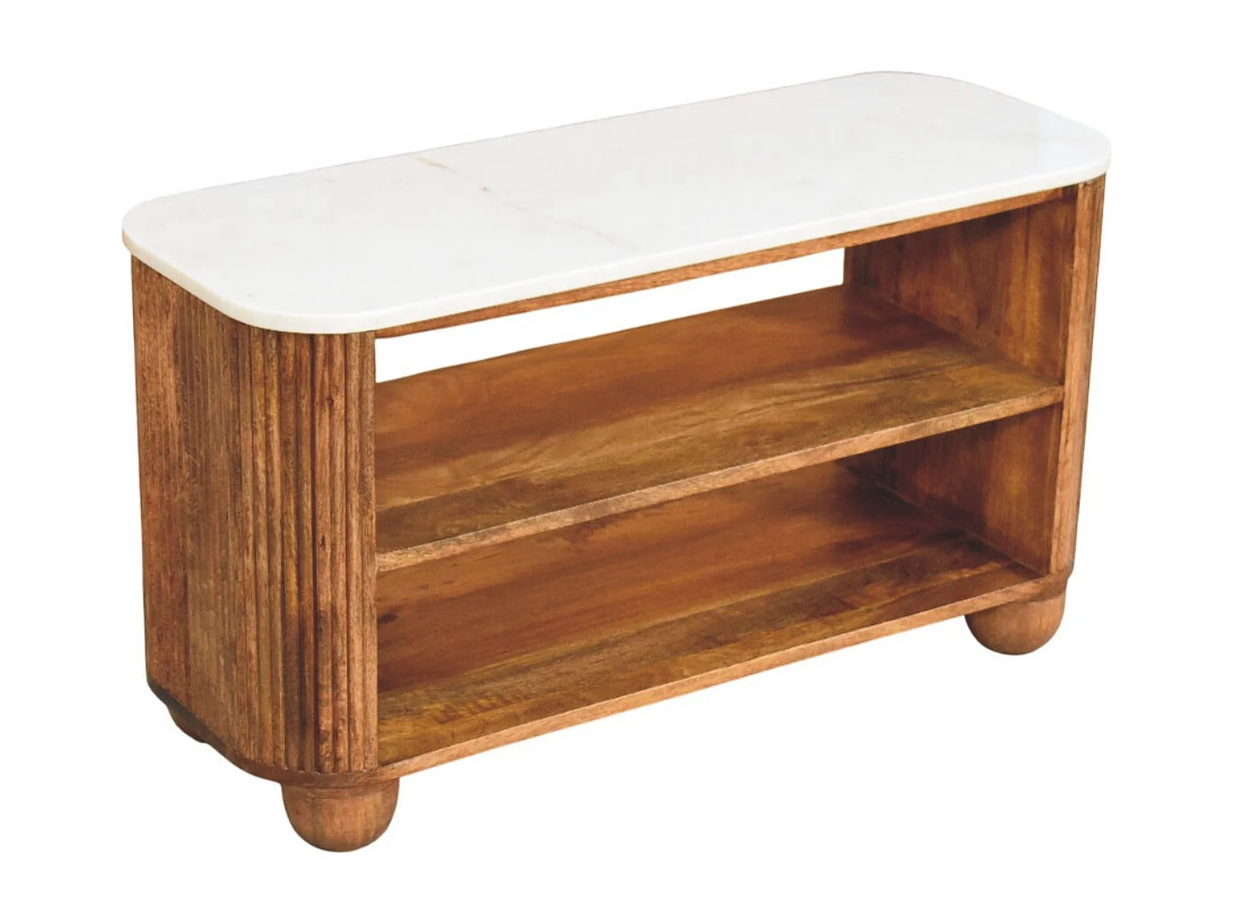 Artisan Furniture Banc à chaussures Beunumont en bois massif de manguier, plateau en marbre, deux étagères ouvertes, marron.