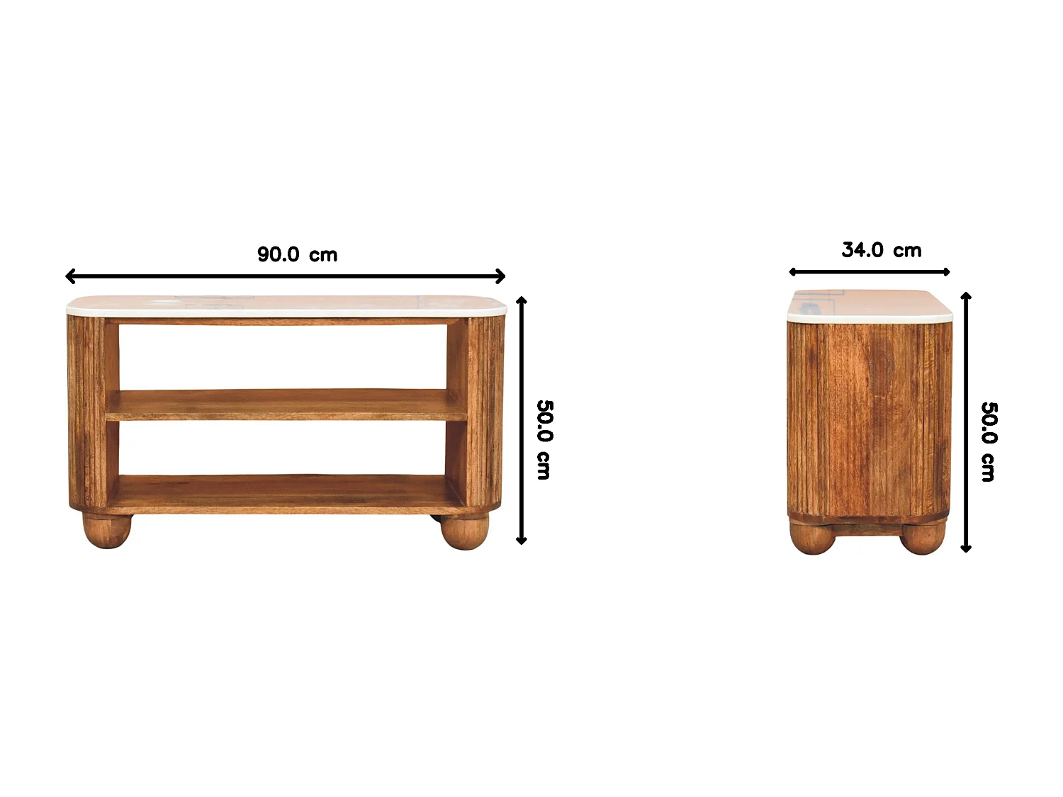 Artisan Furniture Banc à chaussures Beunumont en bois massif de manguier, plateau en marbre, deux étagères ouvertes, marron.