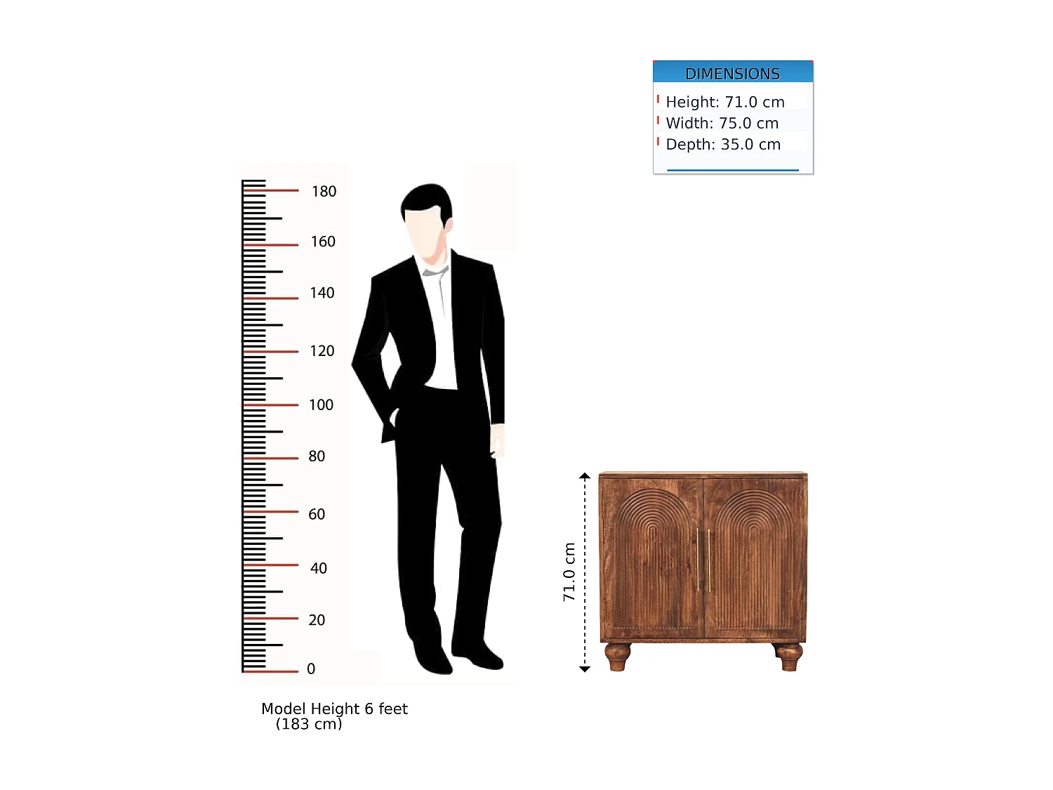 Artisan Furniture Buffet Arc Groove en bois massif de manguier, 2 étagères intérieures, 2 portes avec motif en arc, marron