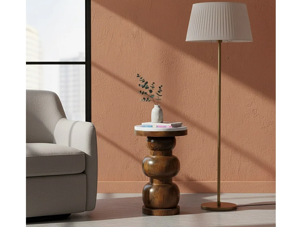 Artisan Furniture Beistelltisch Bulun aus Massivholz mit Marmorplatte, weiß und braun