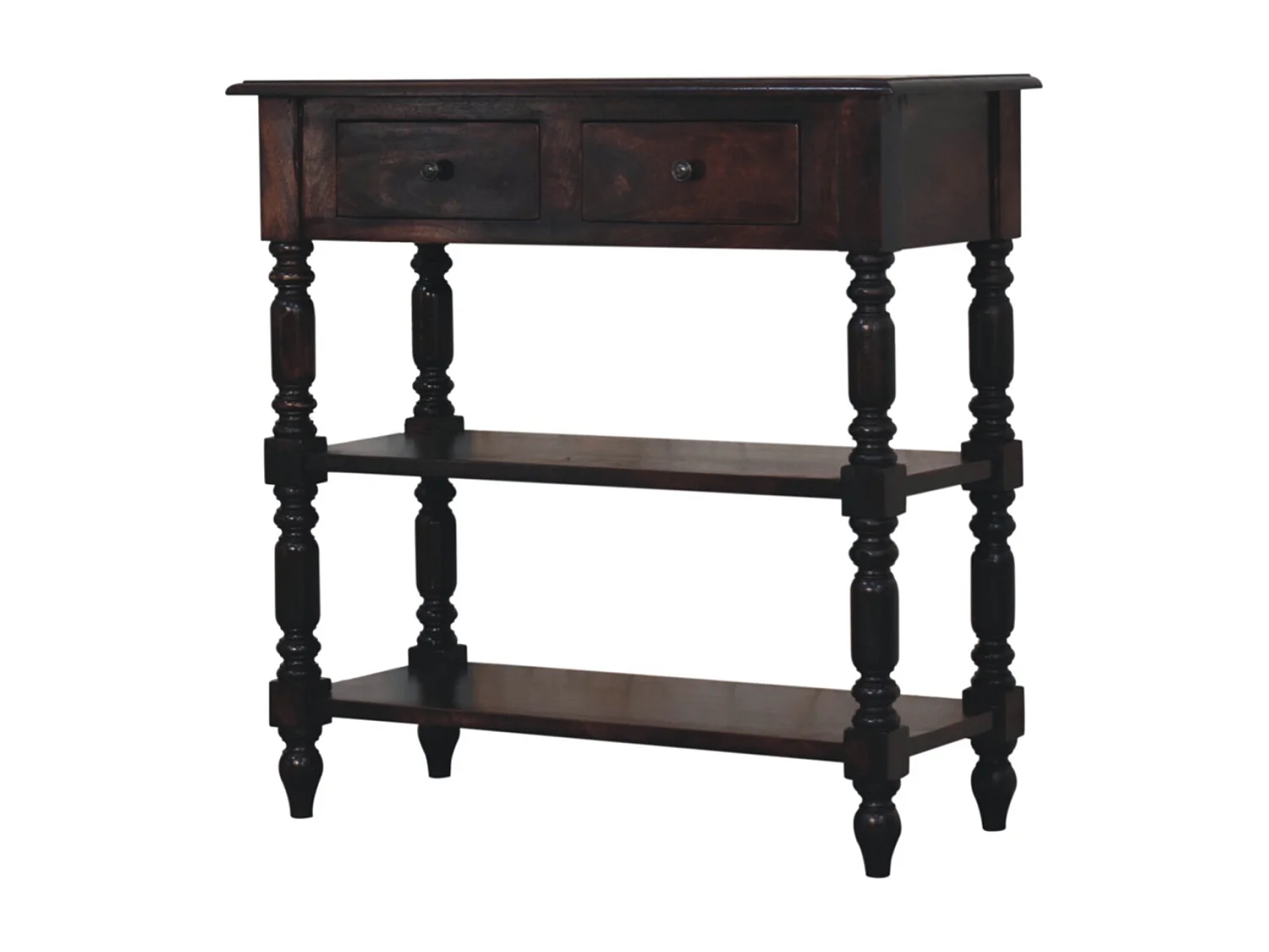 Artisan Furniture Table d’appoint Cherry en bois massif de manguier à pieds tournés, 2 tiroirs, 2 étagères ouvertes, marron foncé