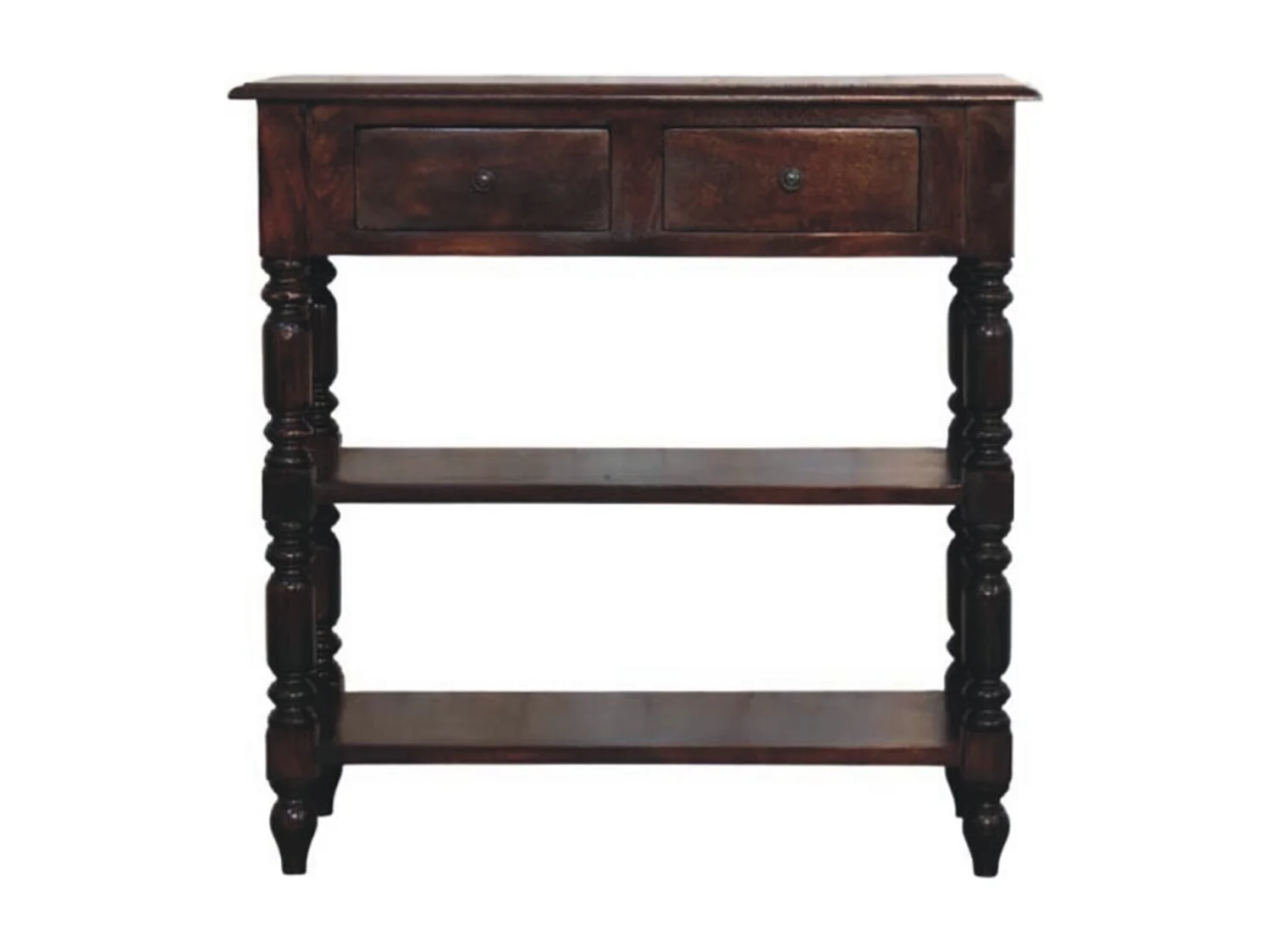 Artisan Furniture Table d’appoint Cherry en bois massif de manguier à pieds tournés, 2 tiroirs, 2 étagères ouvertes, marron foncé