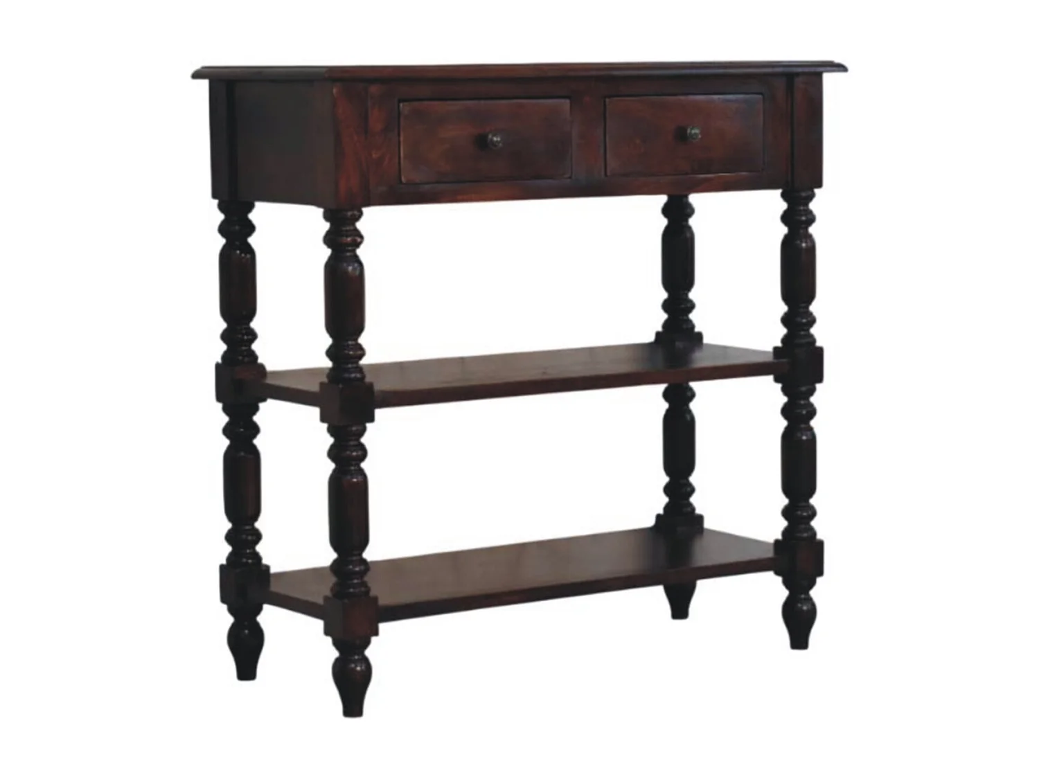 Artisan Furniture Table d’appoint Cherry en bois massif de manguier à pieds tournés, 2 tiroirs, 2 étagères ouvertes, marron foncé