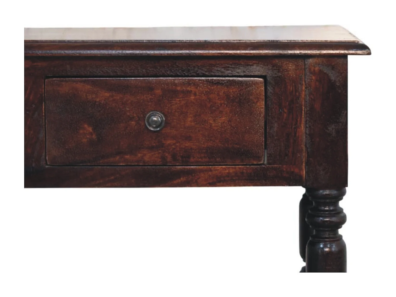 Artisan Furniture Table d’appoint Cherry en bois massif de manguier à pieds tournés, 2 tiroirs, 2 étagères ouvertes, marron foncé