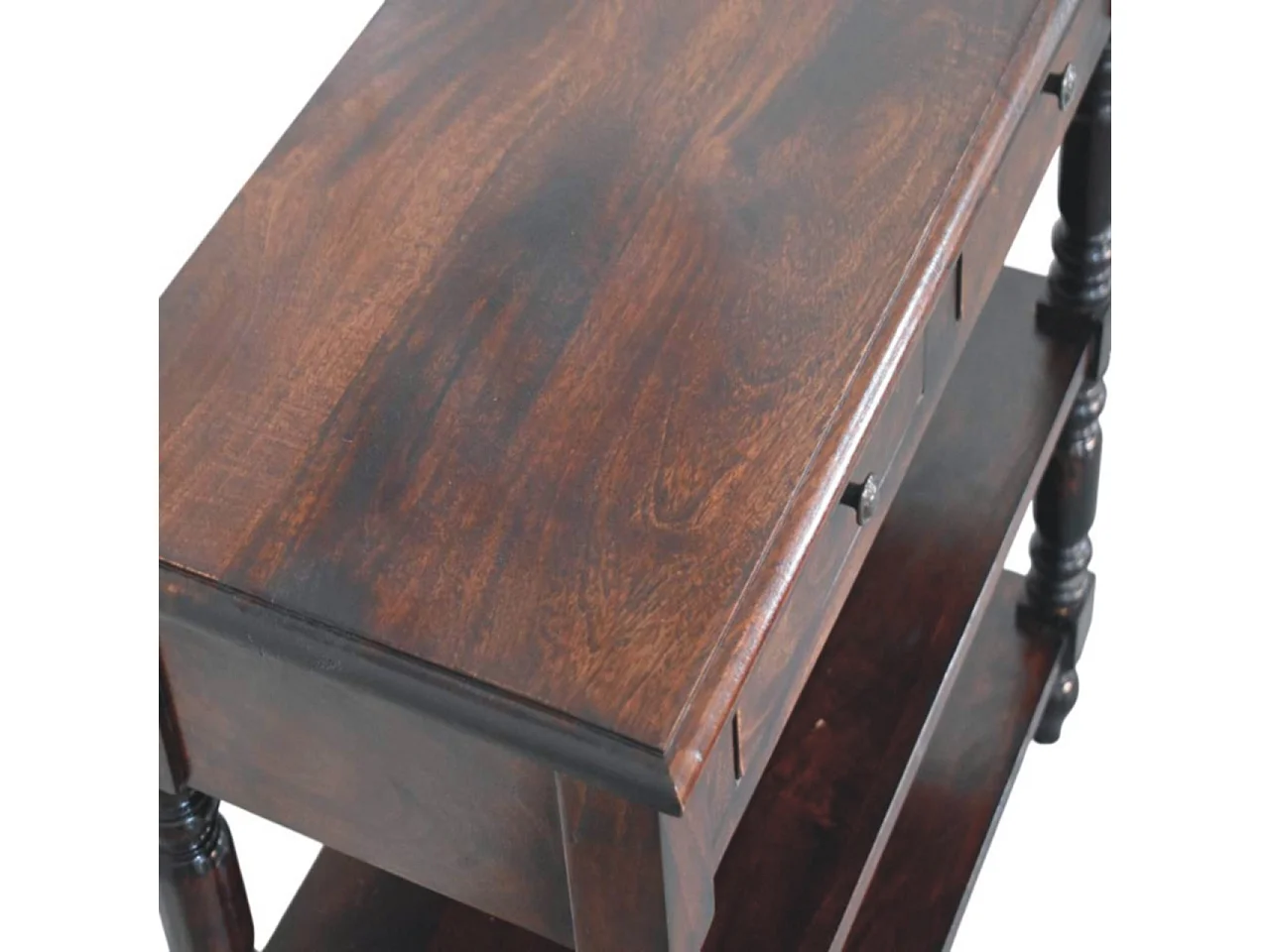 Artisan Furniture Table d’appoint Cherry en bois massif de manguier à pieds tournés, 2 tiroirs, 2 étagères ouvertes, marron foncé