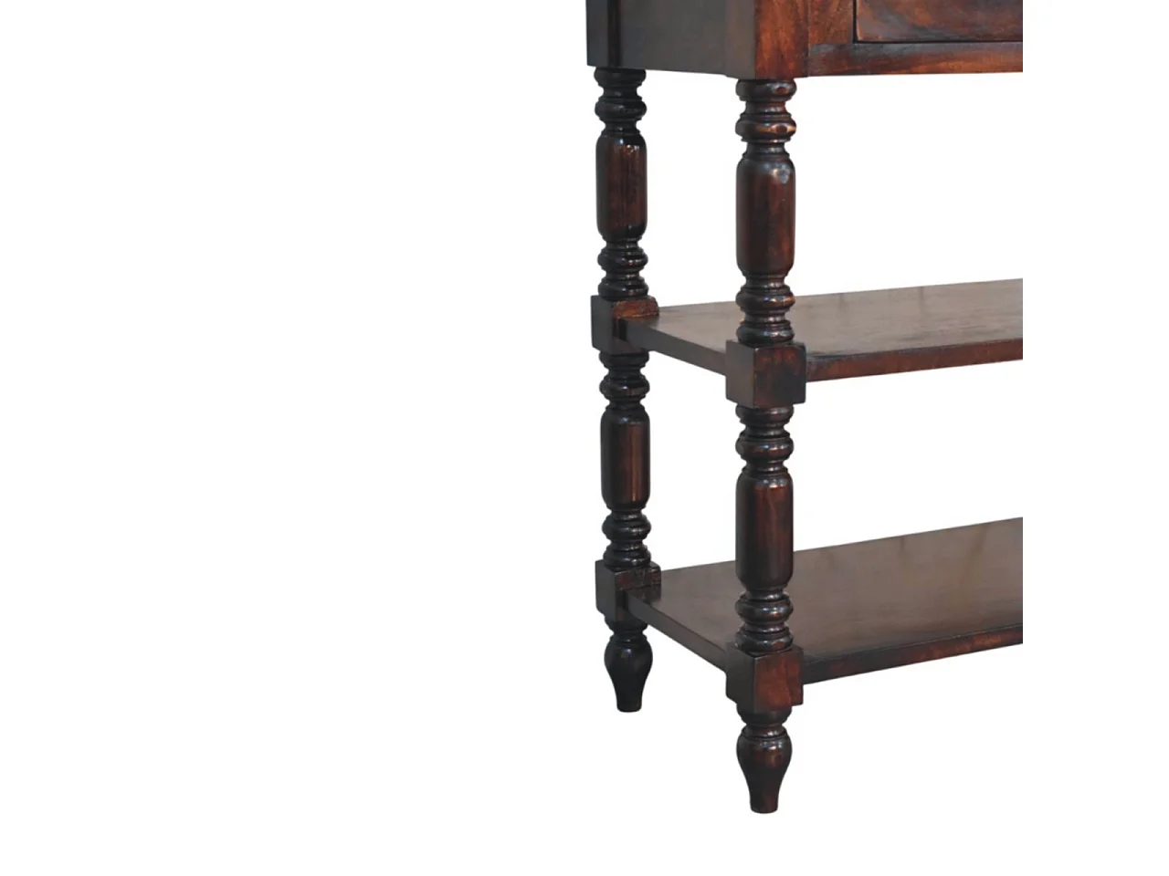 Artisan Furniture Table d’appoint Cherry en bois massif de manguier à pieds tournés, 2 tiroirs, 2 étagères ouvertes, marron foncé