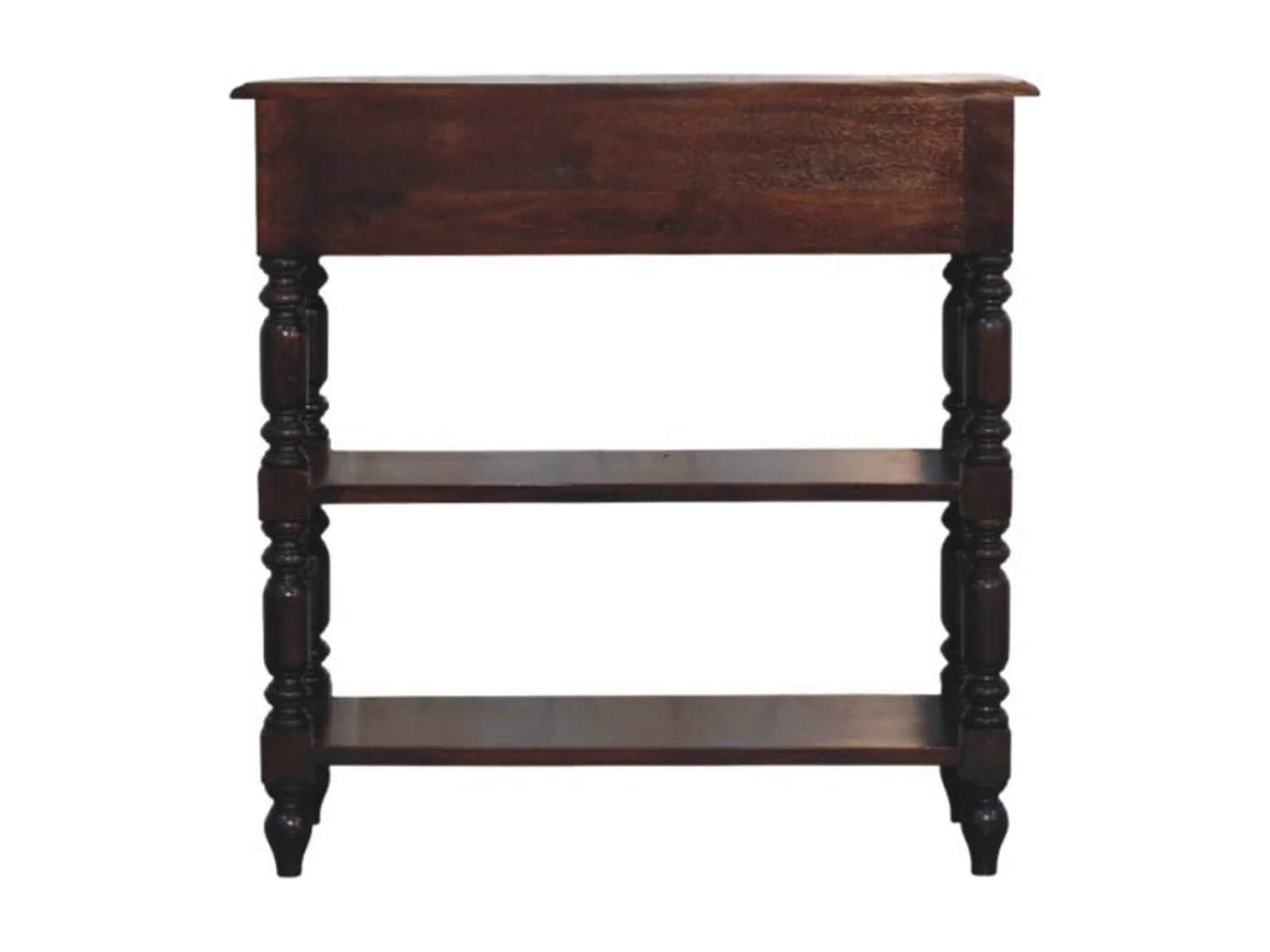 Artisan Furniture Table d’appoint Cherry en bois massif de manguier à pieds tournés, 2 tiroirs, 2 étagères ouvertes, marron foncé