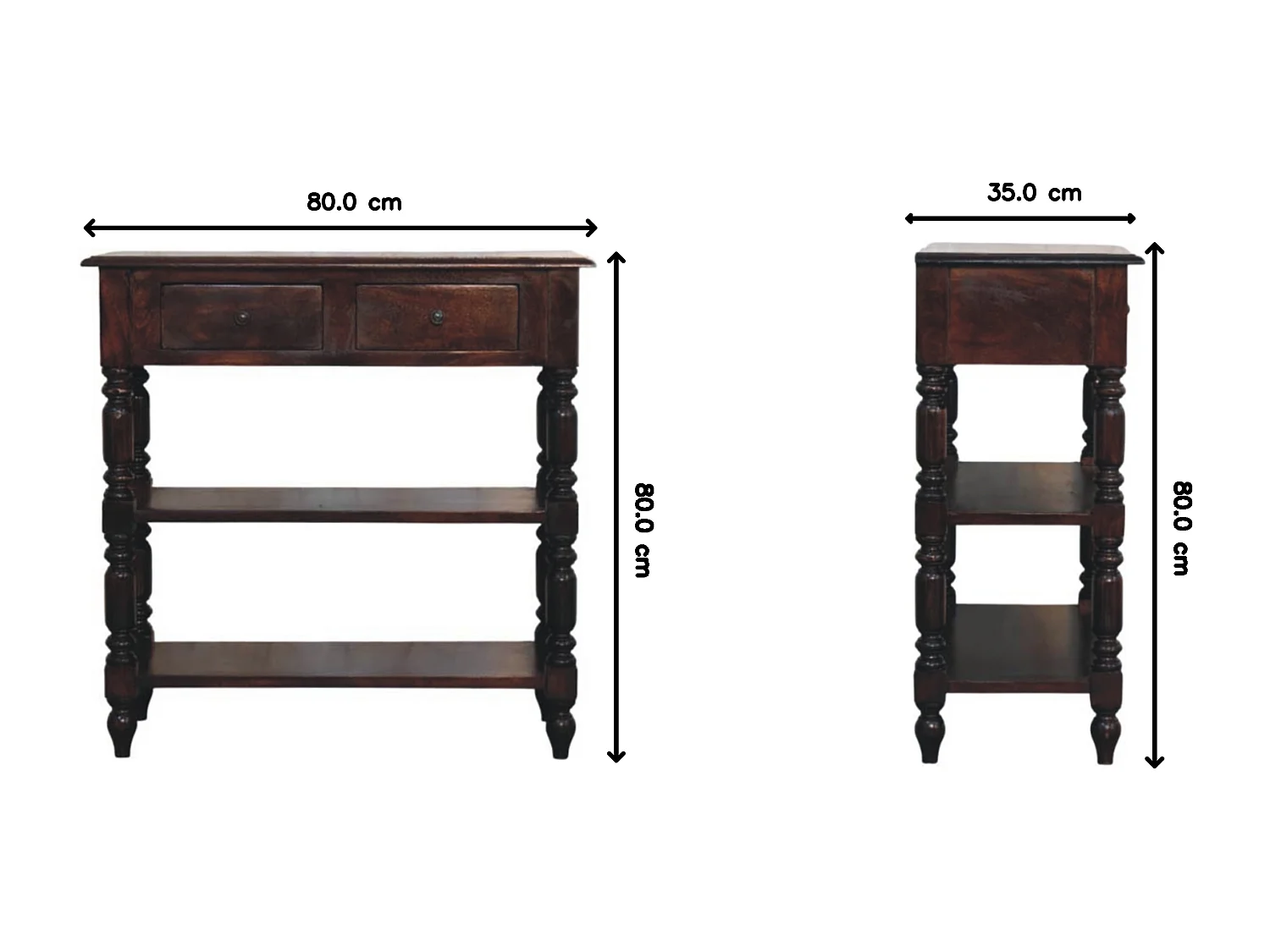 Artisan Furniture Table d’appoint Cherry en bois massif de manguier à pieds tournés, 2 tiroirs, 2 étagères ouvertes, marron foncé