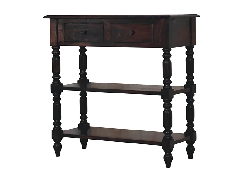 Artisan Furniture Table d’appoint Cherry en bois massif de manguier à pieds tournés, 2 tiroirs, 2 étagères ouvertes, marron foncé