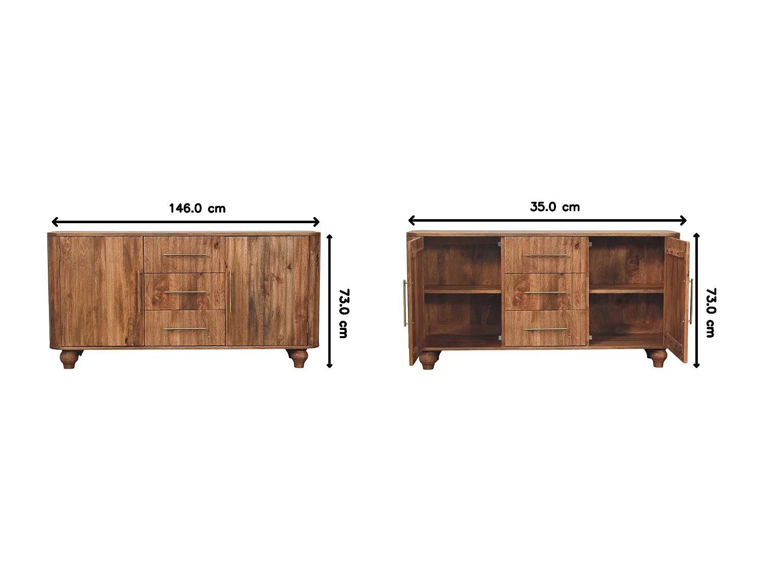 Artisan Furniture Buffet Montara, bois massif, brun chaud, 3 tiroirs, 2 portes et 4 étagères