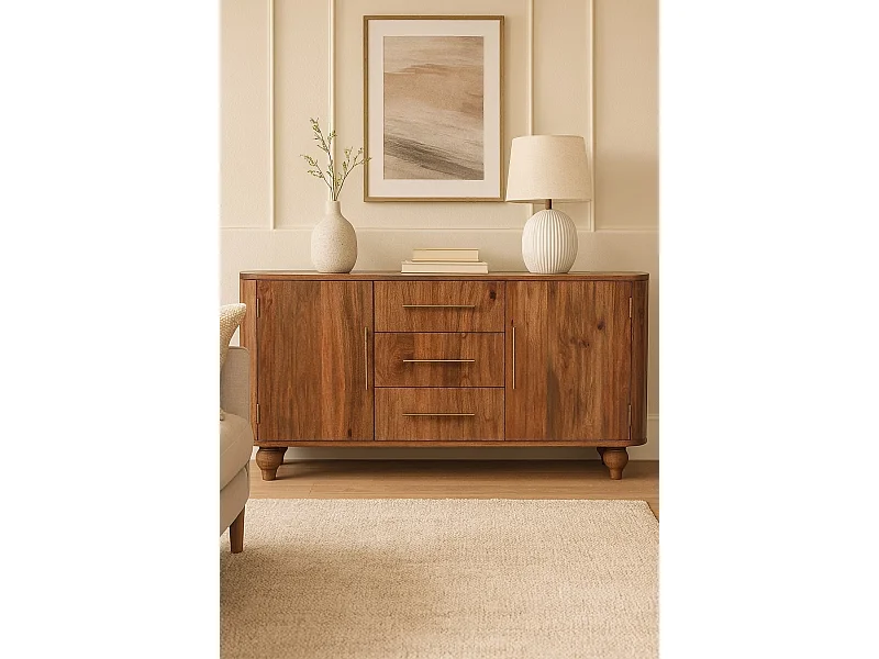 Artisan Furniture Buffet Montara, bois massif, brun chaud, 3 tiroirs, 2 portes et 4 étagères