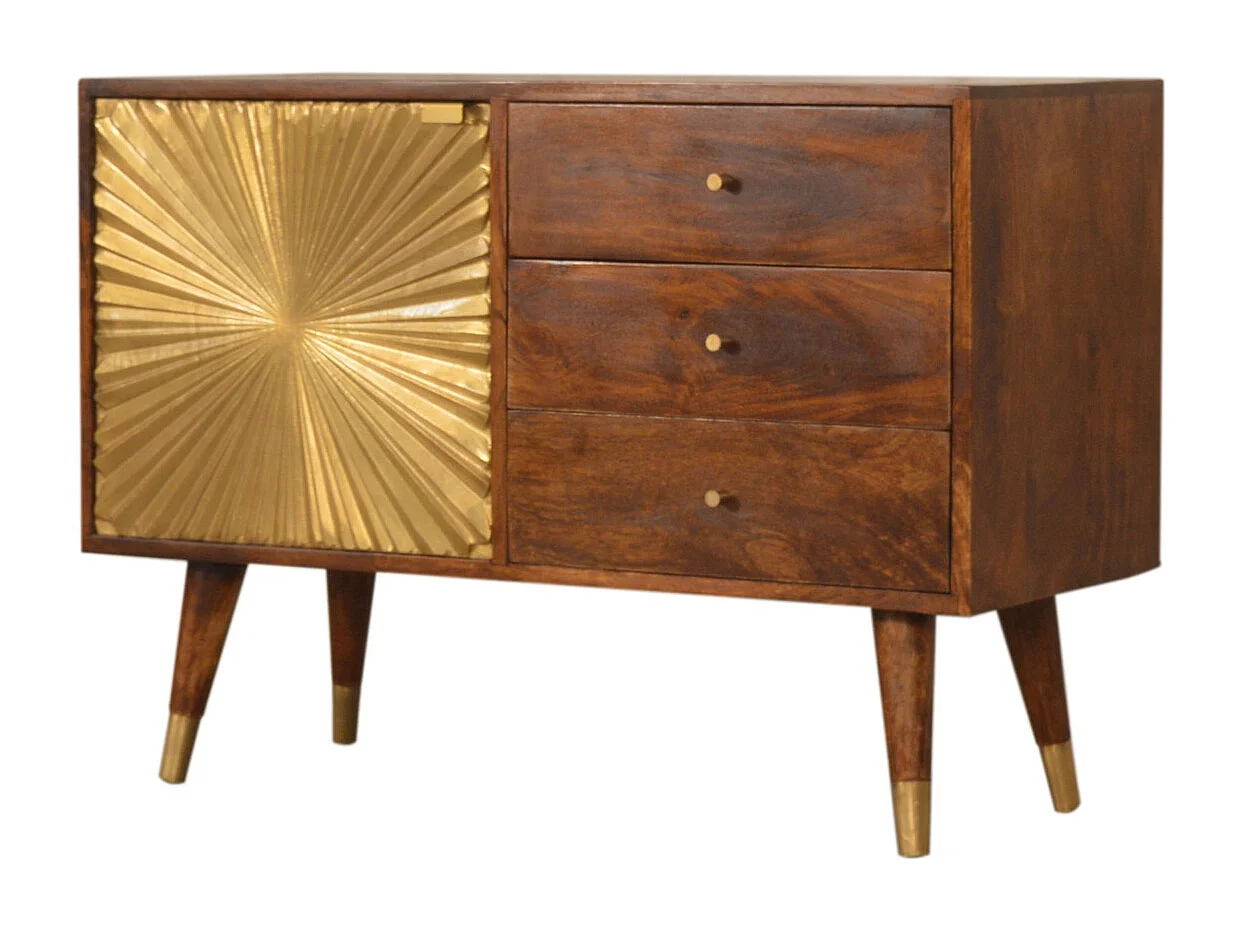 Artisan Furniture Buffet Munnilun Gold, bois massif, brun chocolat et doré, 3 tiroirs et 1 placard