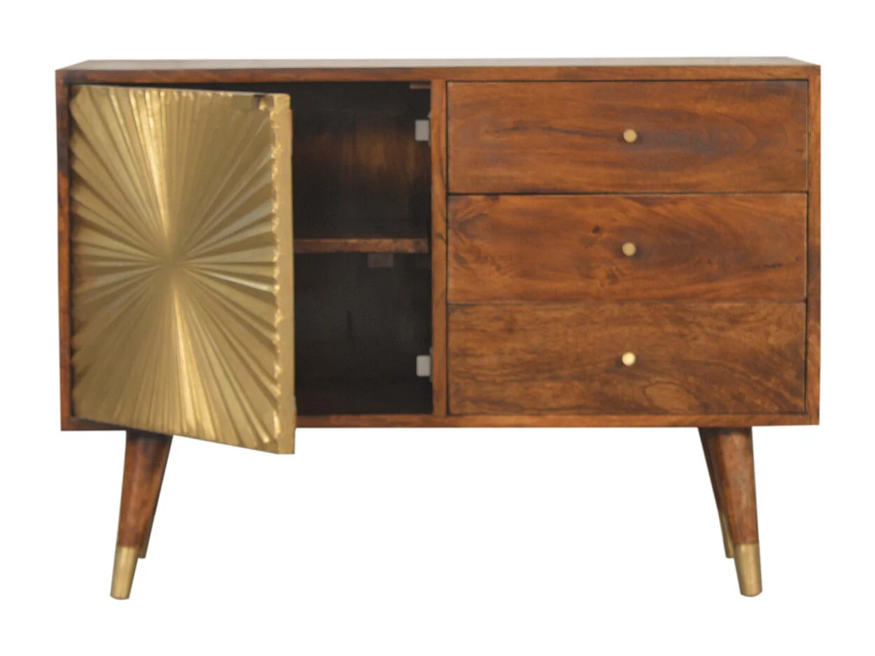 Artisan Furniture Buffet Munnilun Gold, bois massif, brun chocolat et doré, 3 tiroirs et 1 placard