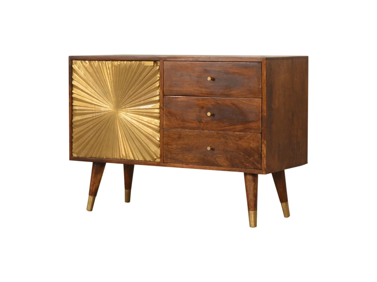 Aparador Artisan Furniture Munnilun Gold, madera maciza, marrón chocolate y dorado, 3 cajones y 1 armario.