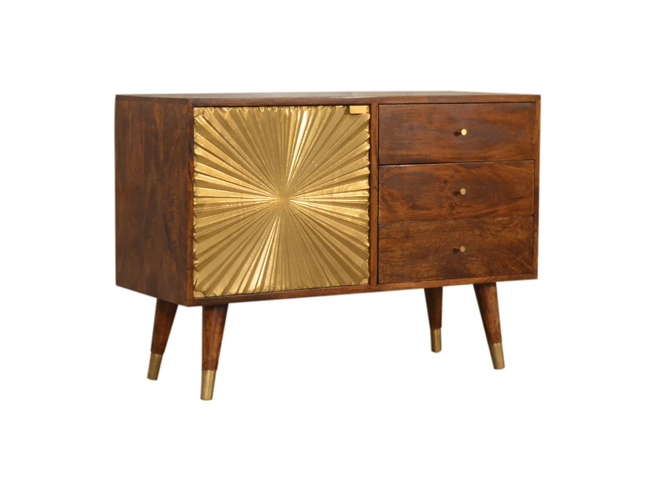 Aparador Artisan Furniture Munnilun Gold, madera maciza, marrón chocolate y dorado, 3 cajones y 1 armario.