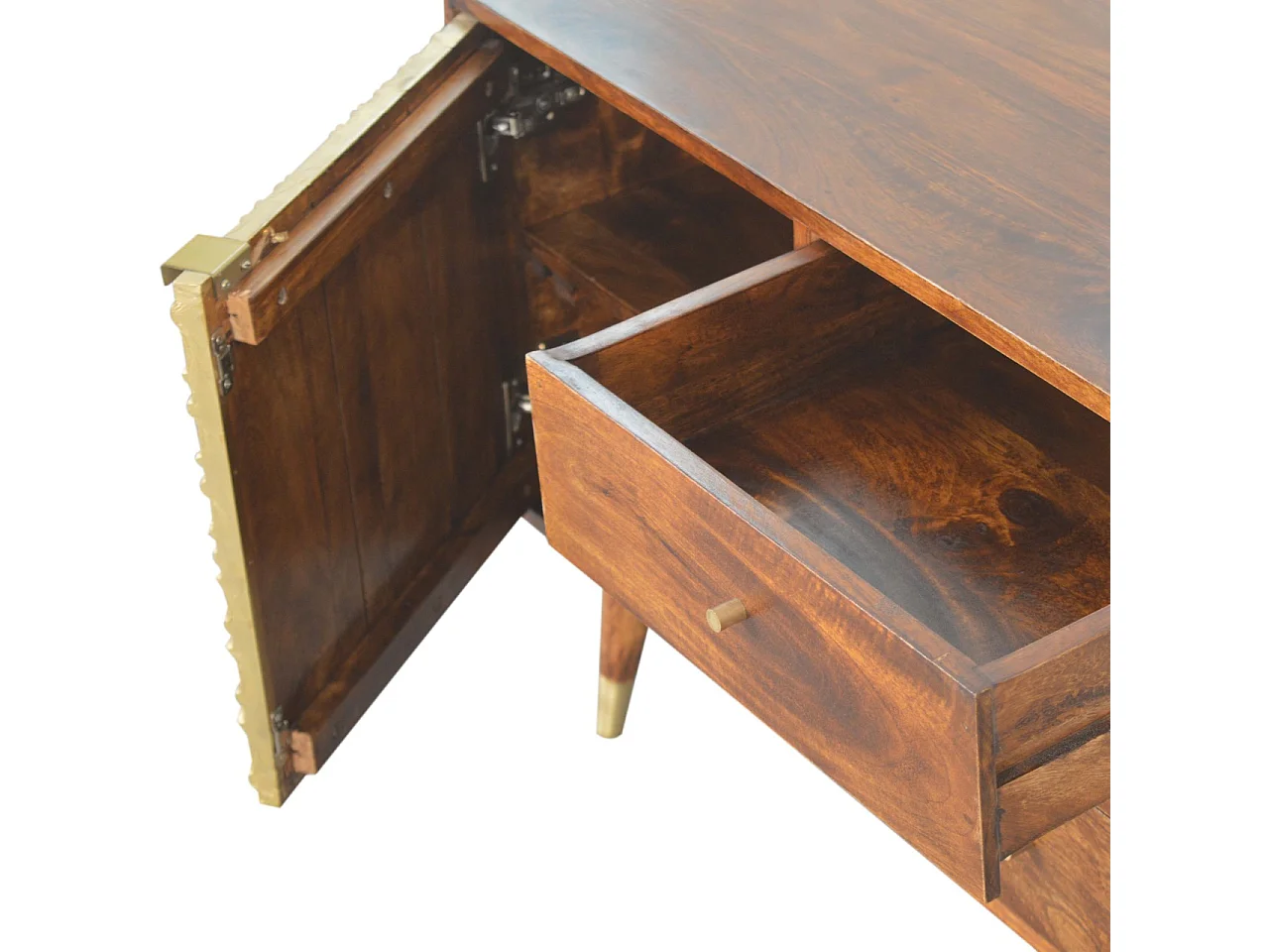 Aparador Artisan Furniture Munnilun Gold, madera maciza, marrón chocolate y dorado, 3 cajones y 1 armario.