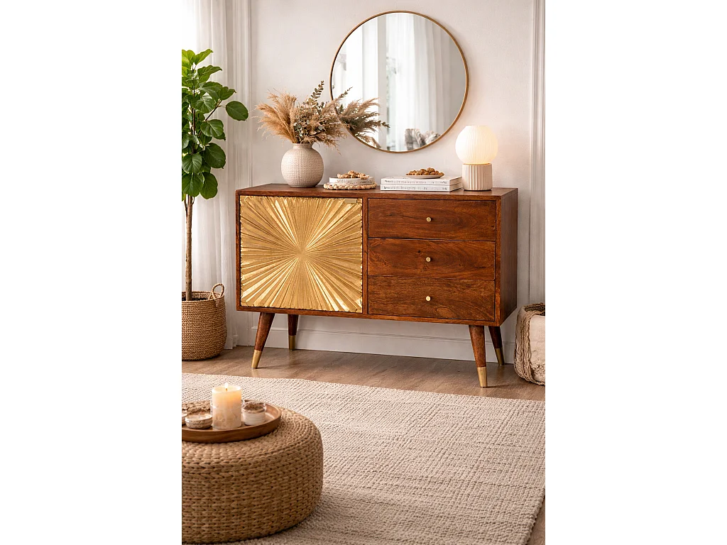 Artisan Furniture Buffet Munnilun Gold, bois massif, brun chocolat et doré, 3 tiroirs et 1 placard
