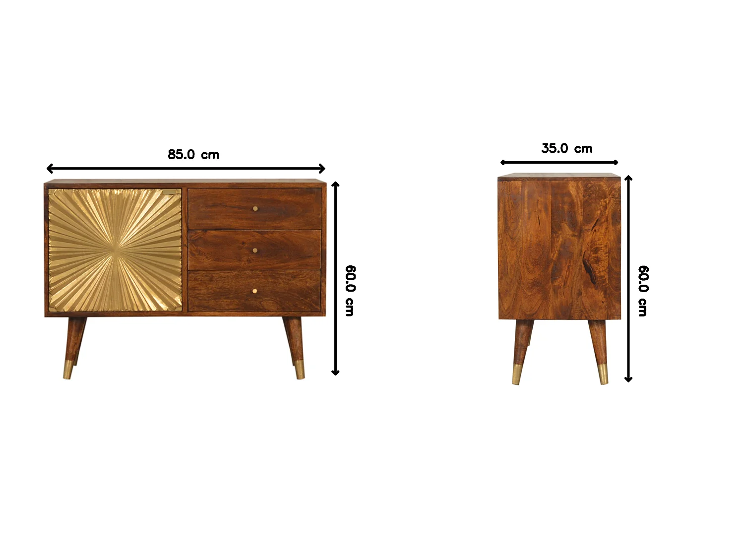 Aparador Artisan Furniture Munnilun Gold, madera maciza, marrón chocolate y dorado, 3 cajones y 1 armario.
