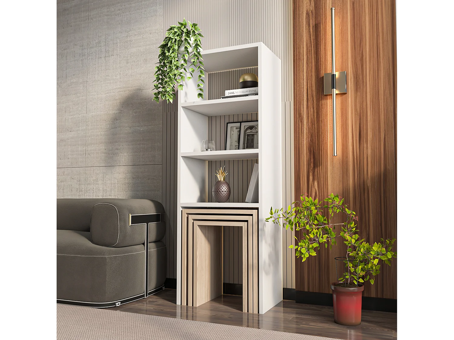 Étagère bibliothèque Melo à 3 étagères avec tables gigognes incluses (Blanc et Cordoba)