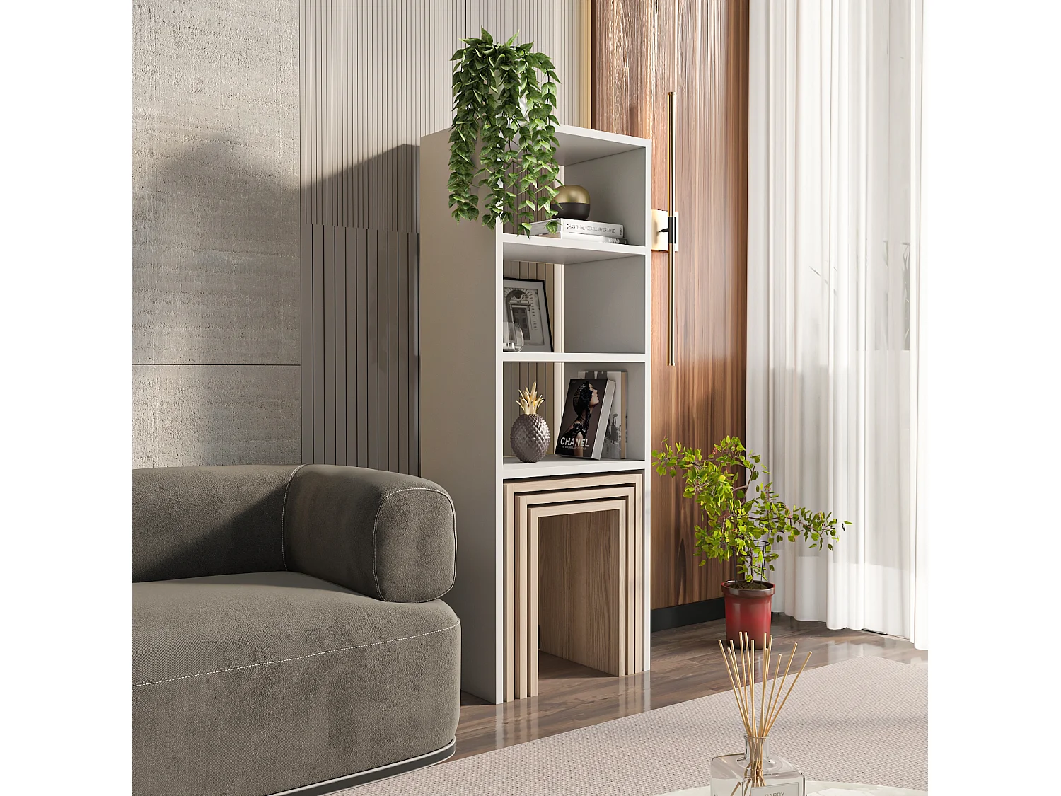 Étagère bibliothèque Melo à 3 étagères avec tables gigognes incluses (Blanc et Cordoba)