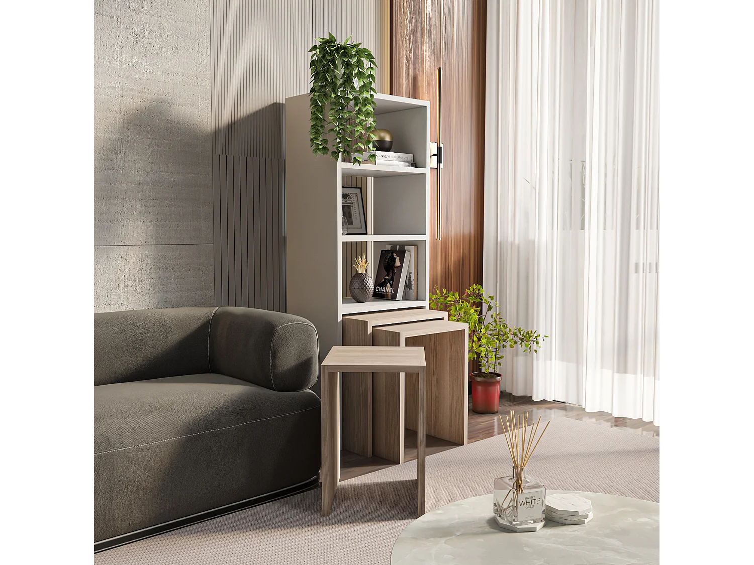 Étagère bibliothèque Melo à 3 étagères avec tables gigognes incluses (Blanc et Cordoba)