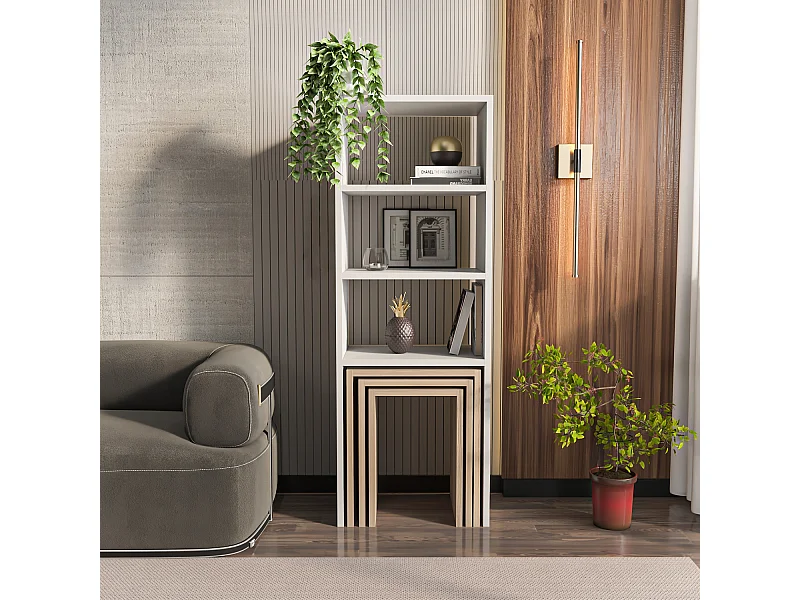 Étagère bibliothèque Melo à 3 étagères avec tables gigognes incluses (Blanc et Cordoba)