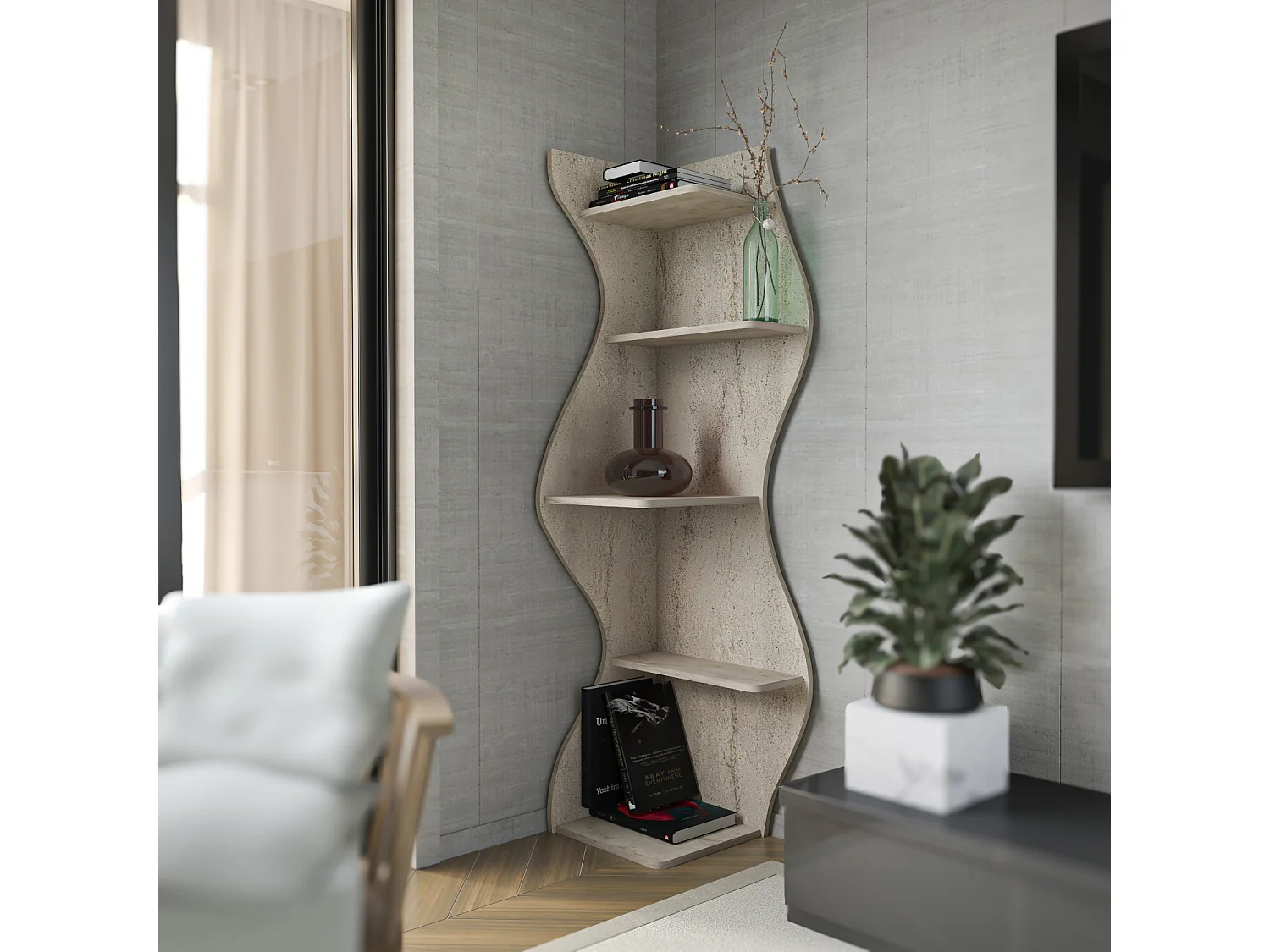 Nila Bibliothèque 180 cm 5 niveaux Design Géométrique (Travertine)