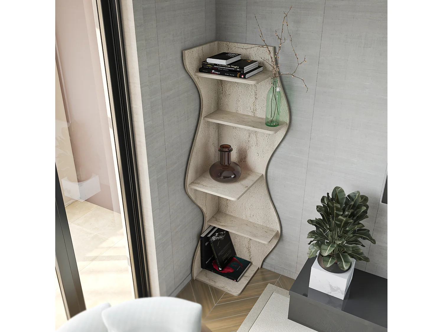 Nila Bibliothèque 180 cm 5 niveaux Design Géométrique (Travertine)