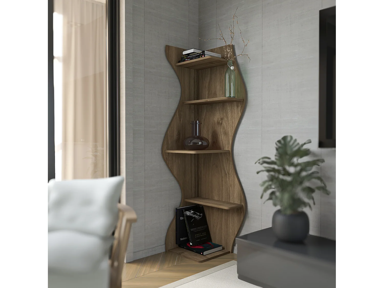 Nila Bibliothèque 180 cm 5 niveaux Design Géométrique (Noyer)