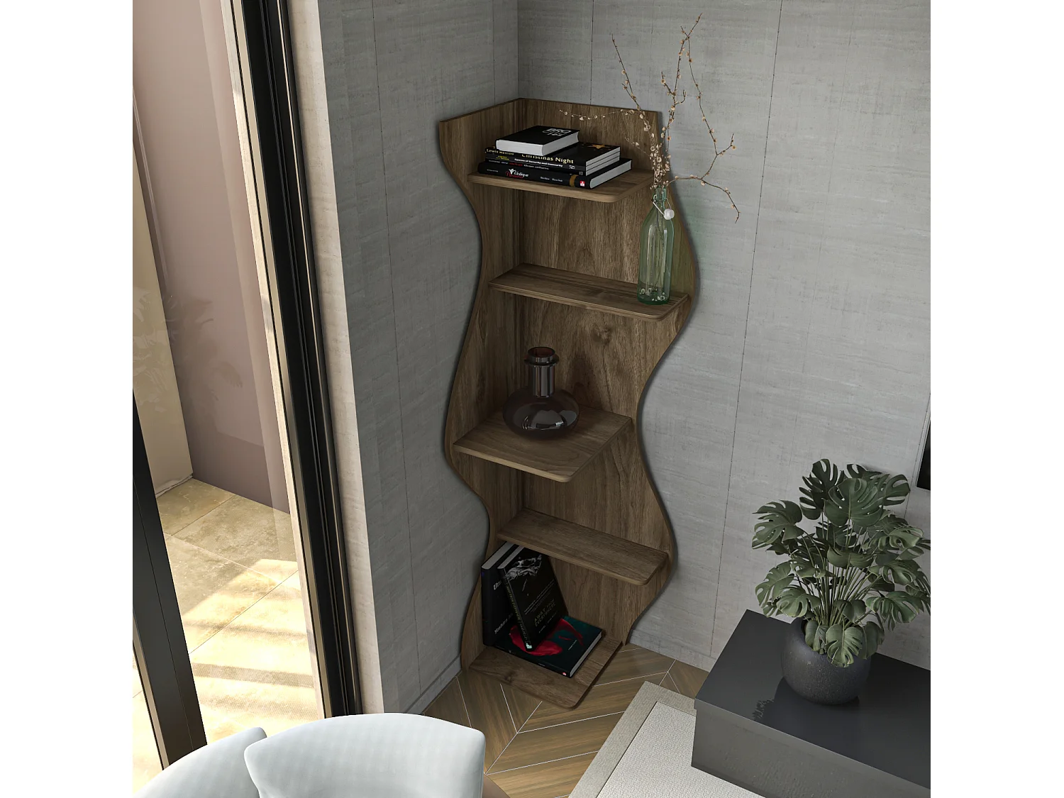 Nila Bibliothèque 180 cm 5 niveaux Design Géométrique (Noyer)