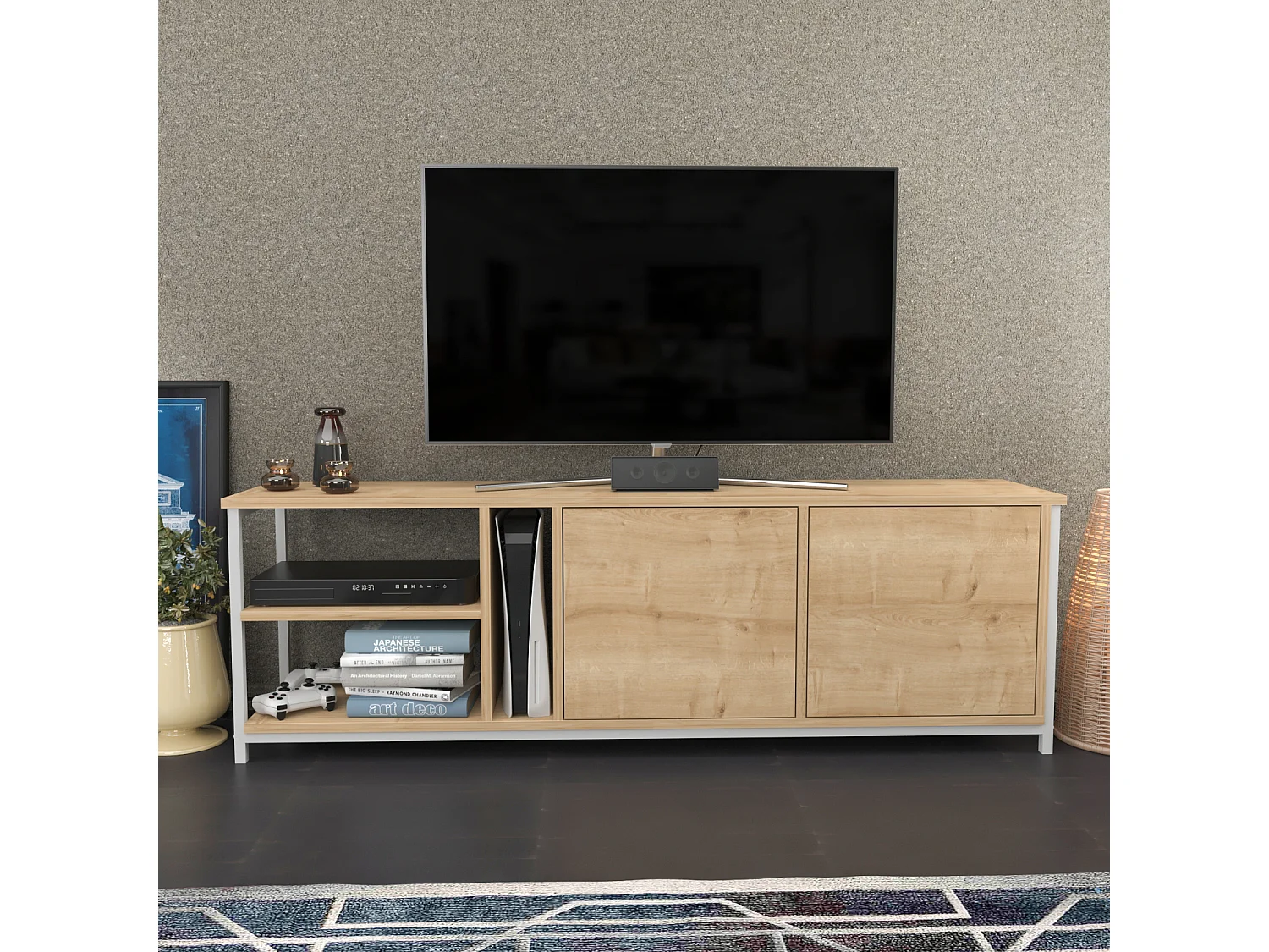 Meuble TV Primrose 160 cm avec Placards et Étagères (Blanc et Chêne)