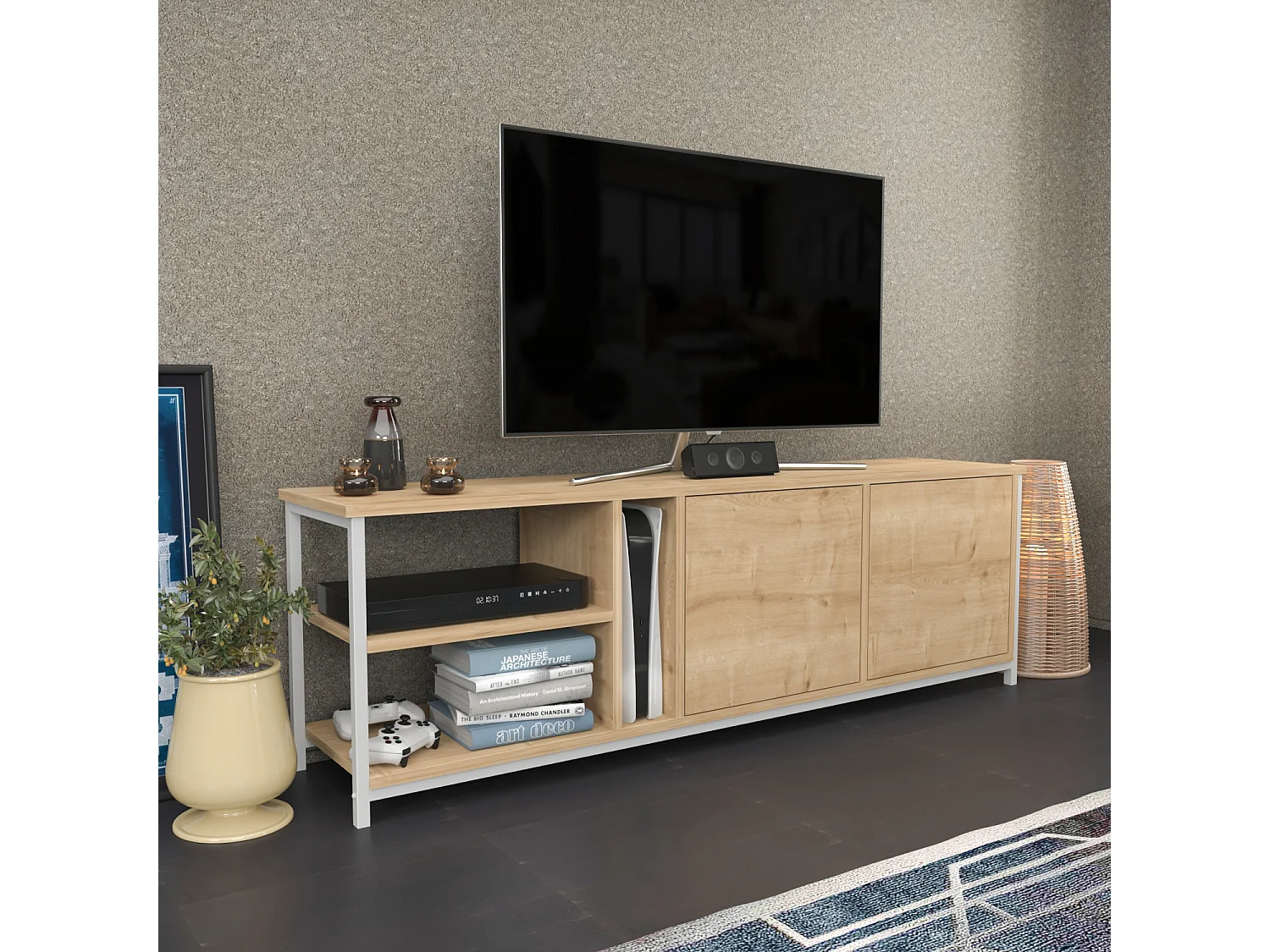 Meuble TV Primrose 160 cm avec Placards et Étagères (Blanc et Chêne)
