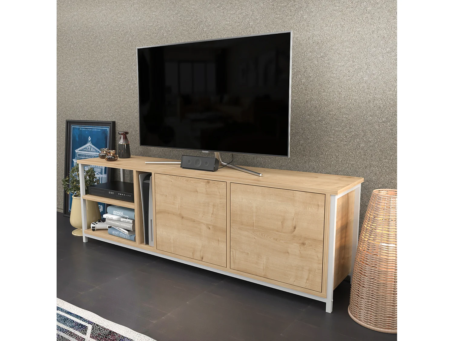 Meuble TV Primrose 160 cm avec Placards et Étagères (Blanc et Chêne)
