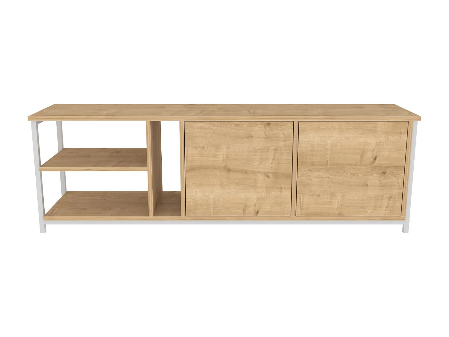 Meuble TV Primrose 160 cm avec Placards et Étagères (Blanc et Chêne)