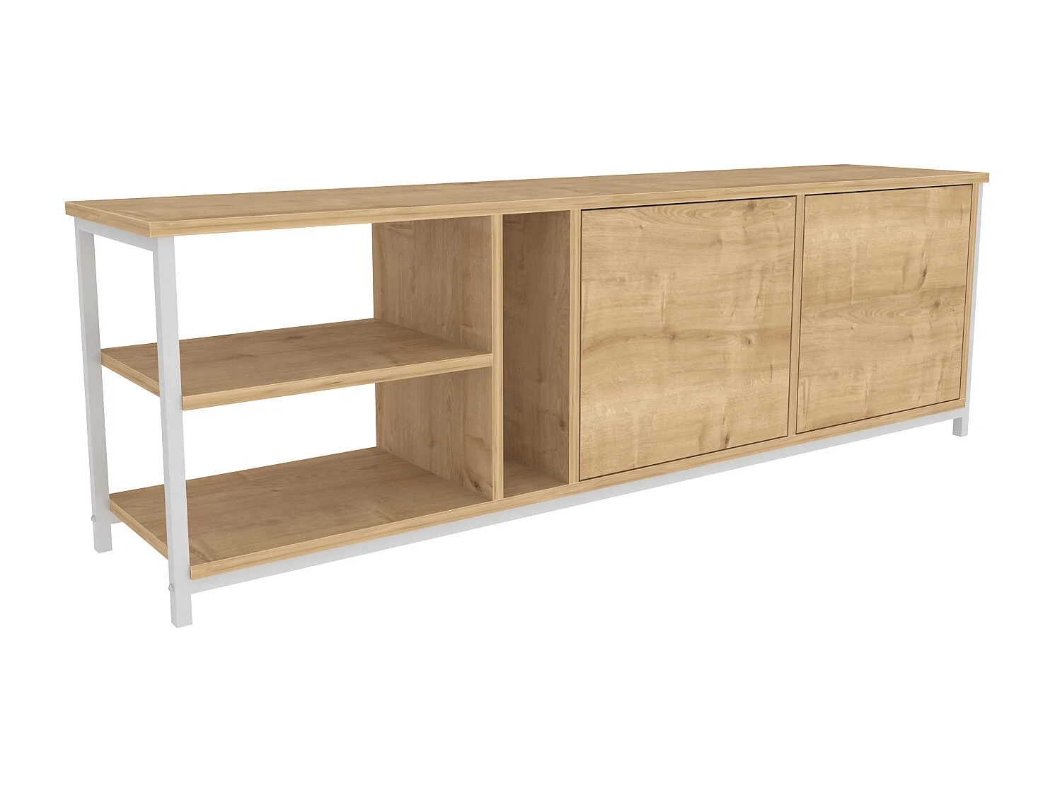 Meuble TV Primrose 160 cm avec Placards et Étagères (Blanc et Chêne)