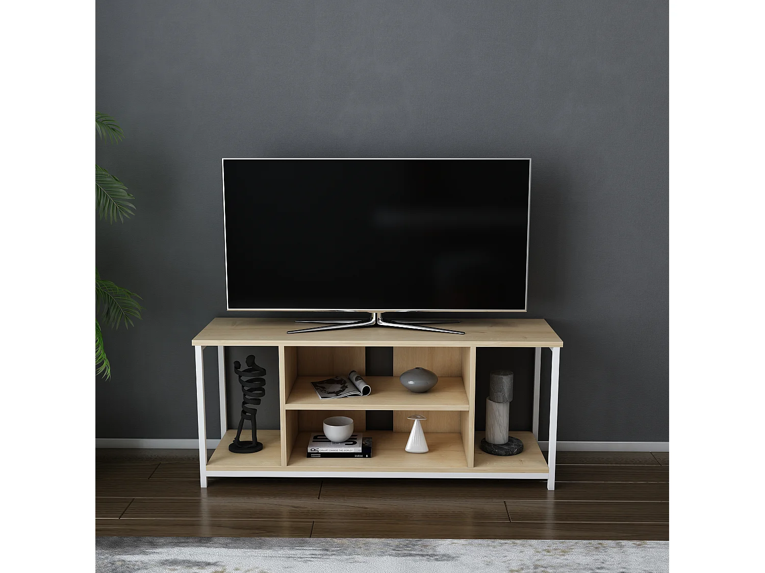 Meuble TV Rinaldo de 120 cm avec niches - cadre en métal (Blanc et Chêne)