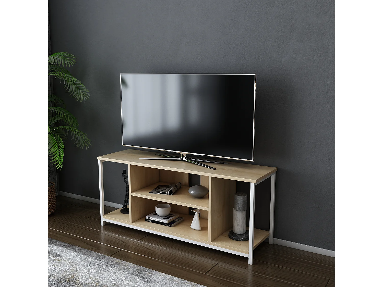 Meuble TV Rinaldo de 120 cm avec niches - cadre en métal (Blanc et Chêne)