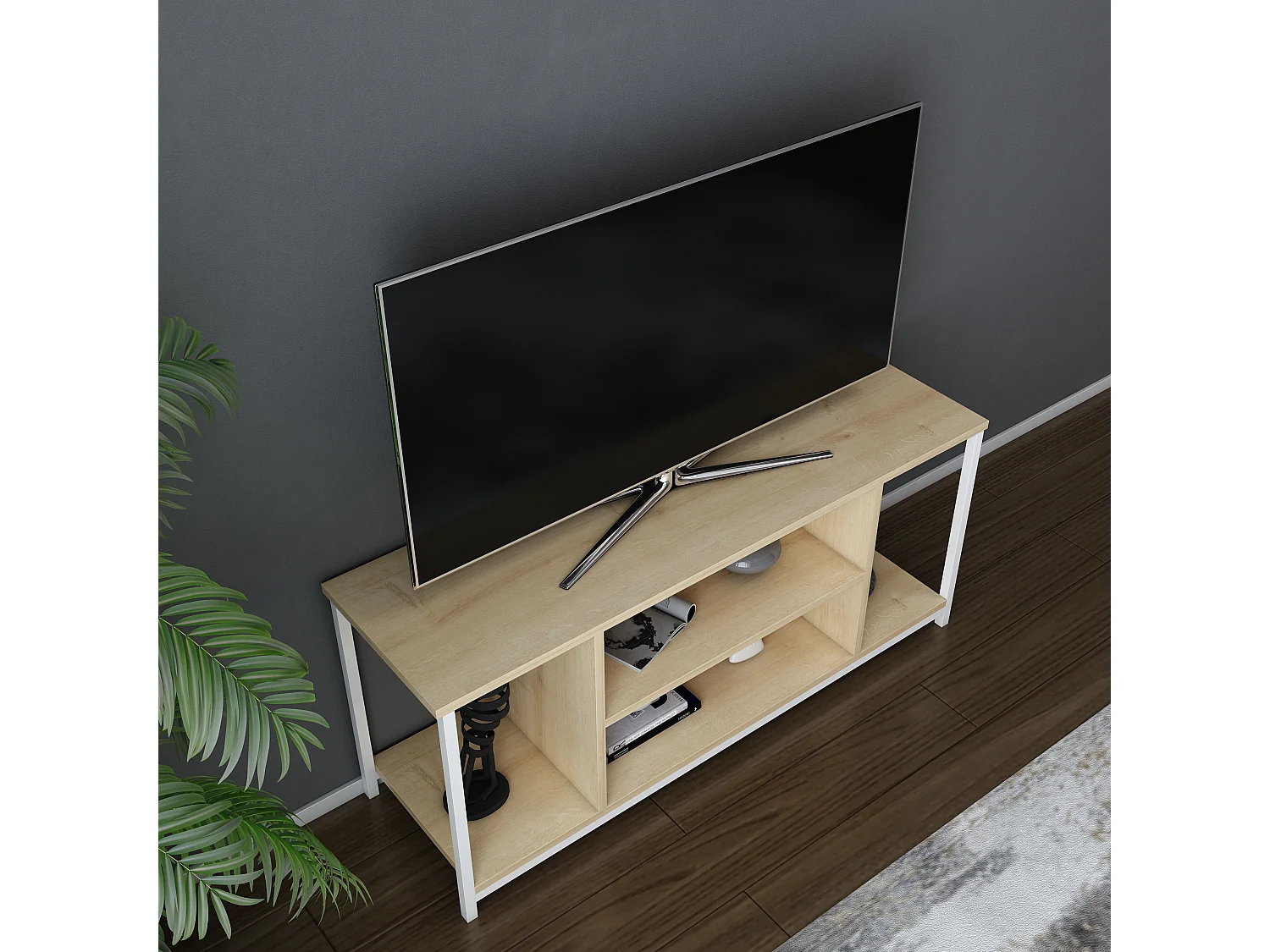Meuble TV Rinaldo de 120 cm avec niches - cadre en métal (Blanc et Chêne)