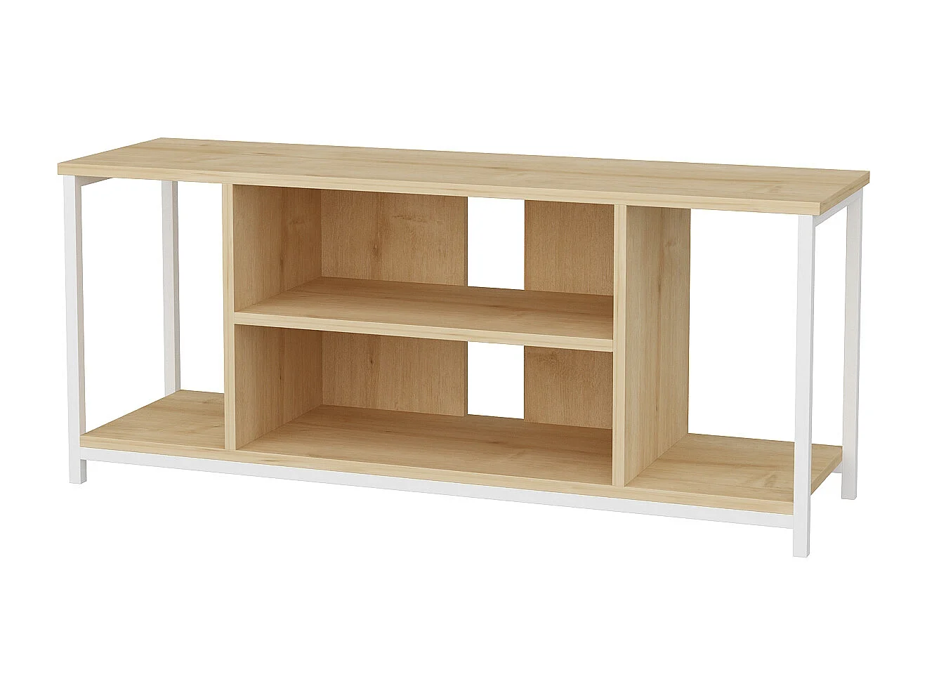 Meuble TV Rinaldo de 120 cm avec niches - cadre en métal (Blanc et Chêne)