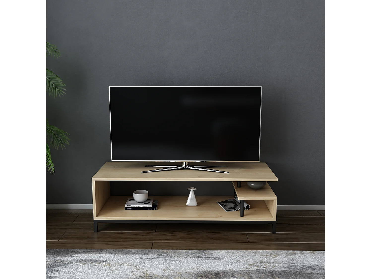 Reilly Meuble TV 120 cm Pieds en métal et étagères ouvertes (Chêne et Noir)