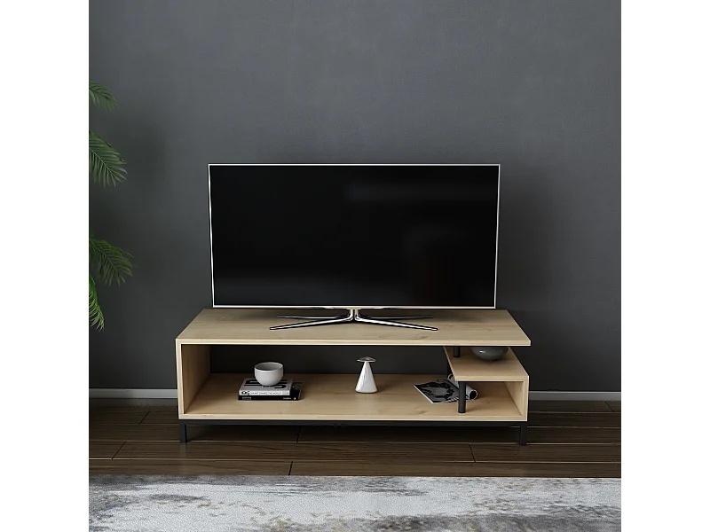 Reilly Meuble TV 120 cm Pieds en métal et étagères ouvertes (Chêne et Noir)